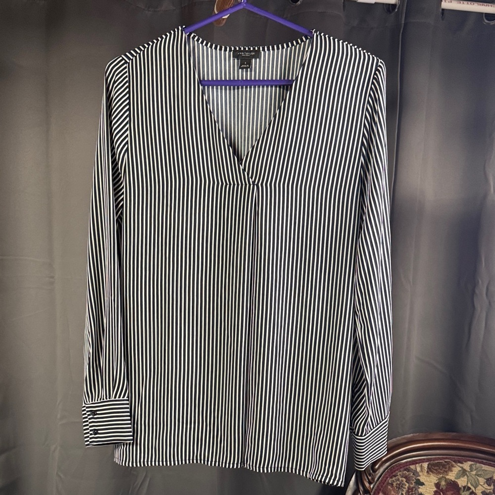 Ann Taylor Navy and White Striped Blouse